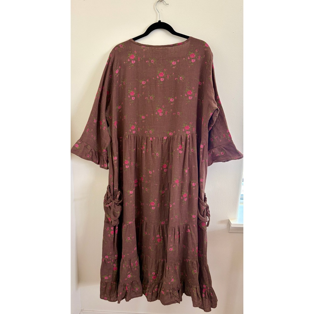 Heart's Desire Linen Floral Tiered Dress XXL Brown Cottagecore Lagenlook Boho - Picture 5 of 9